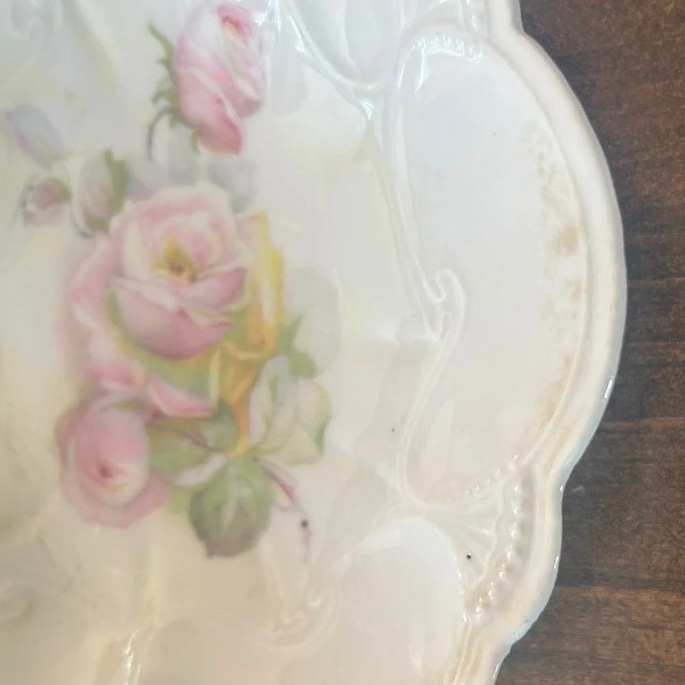 Vintage Germany Porcelain Nappy Dish White Floral Rose Luster‎ Heart Cottagecore
